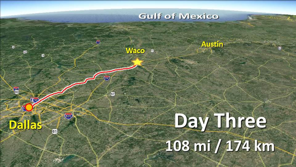 Day 3 – Dallas to Waco – 108mi / 174 km